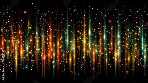 Energetic array of glowing lines and scattered sparkling particles on black
