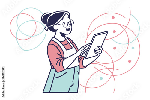 Joyful woman wearing glasses and an apron interacts with a tablet surrounded by abstract overlapping circles and dots in a minimalist style