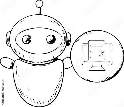 Ai agent for finance concept with robot illustration and computer screen in hand drawn style