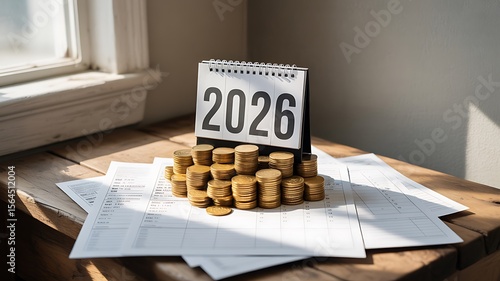 Calendar happy new year 2026 with graph and stack of growth coins. financial annual plan for save money, Budget, tax, investment, financial, savings, and New Year Resolution retirement concept