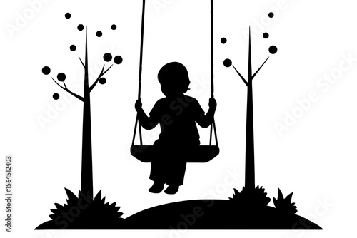 Child Silhouette on Swing Set with Trees, Black
