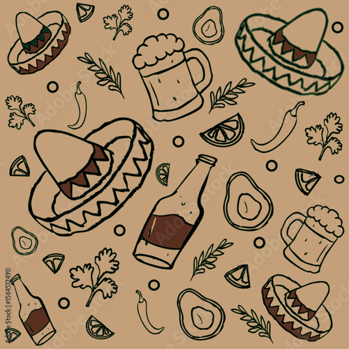 Mexican seamless pattern with sombreros, beer, chili peppers, lime, avocado and cilantro. Hand-drawn festive and drink doodle background.