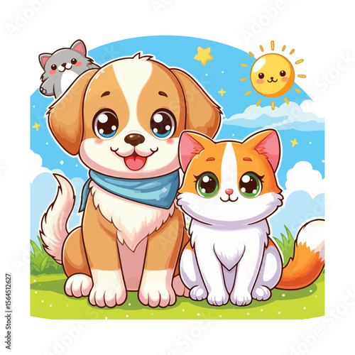 Cute cartoon dog and cat friends sitting together outdoors on a sunny day