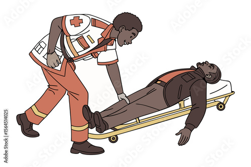 Paramedic in uniform assisting a patient lying on a stretcher demonstrating emergency medical care and patient transport