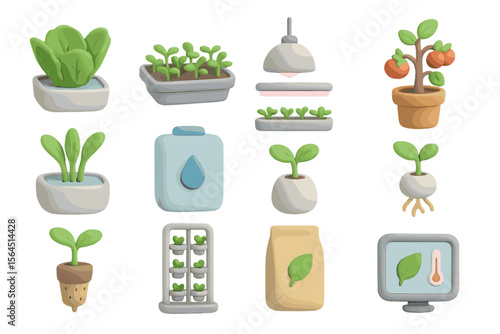 Cartoon icons of indoor plant growing techniques and hydroponics systems