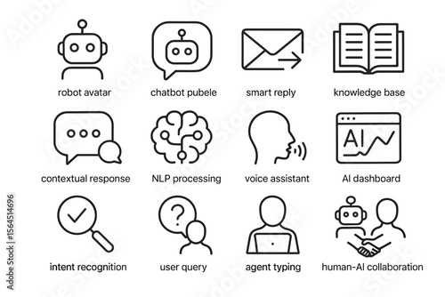 Ai communication icons: chatbot, voice assistant, nlp, and intent recognition