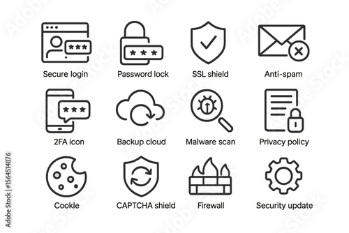 Cybersecurity icons: secure login, ssl shield, privacy policy