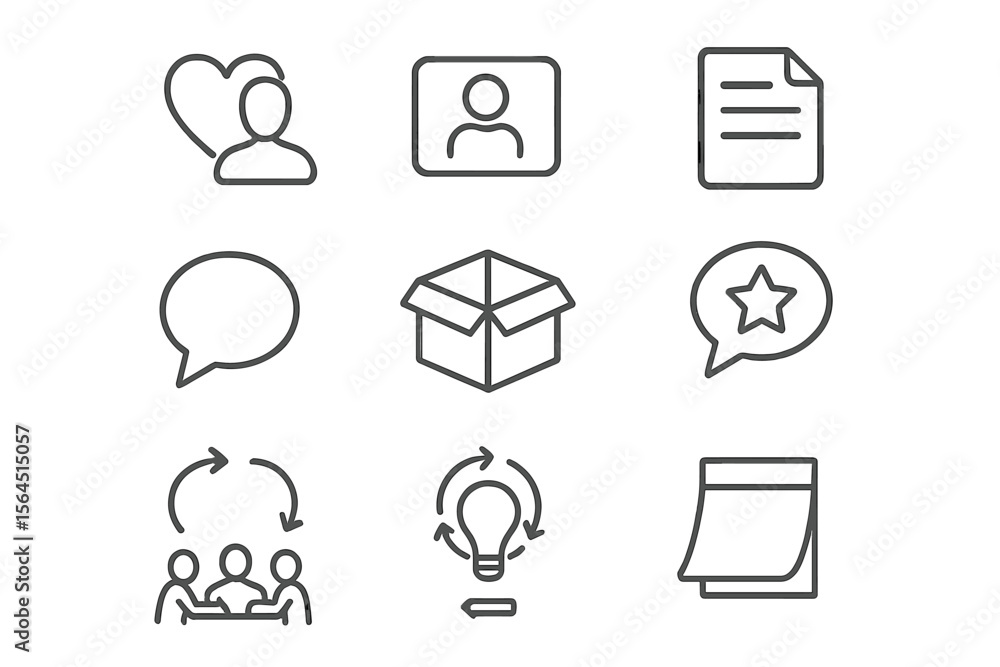 Minimalist icon set featuring communication and workflow symbols Minimalist icon set featuring communication and workflow symbols