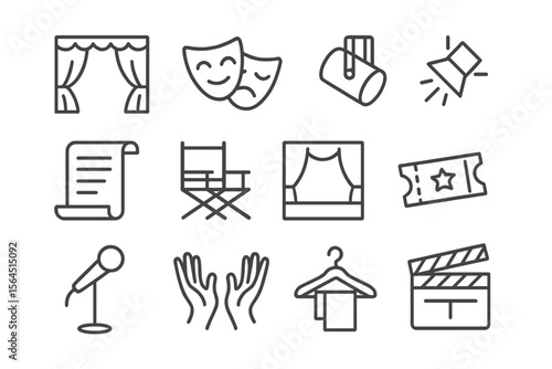 Theater icons: curtains, masks, tickets, and more