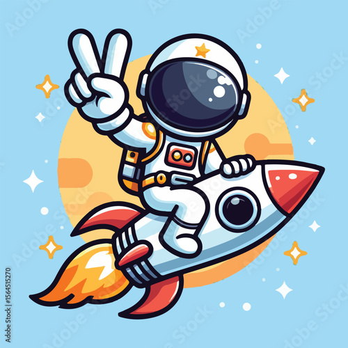 Cute cartoon astronaut riding a rocket ship giving a peace sign