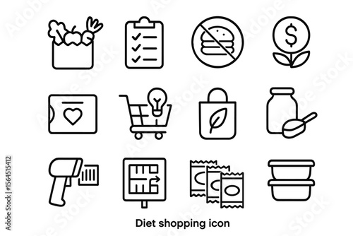 Diet shopping icons collection including grocery, no burger, eco-friendly symbols