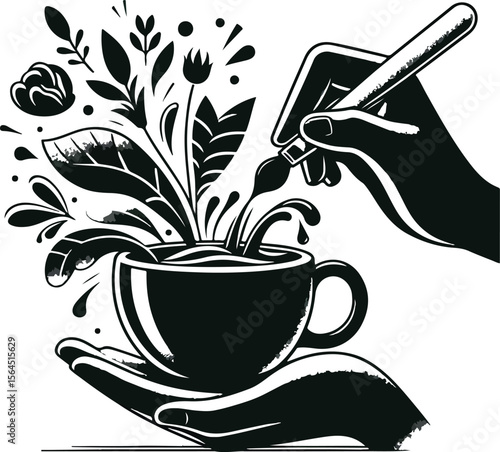 Artist s hand paints a cup of coffee with blooming plants and leaves
