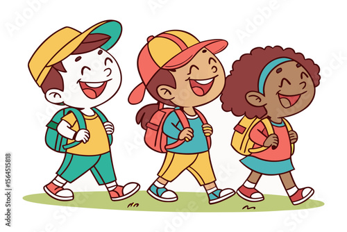 Three diverse happy cartoon children with backpacks walk together on a grassy path smiling brightly and wearing colorful outfits