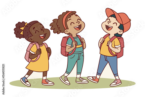Three diverse happy cartoon children with backpacks walking together smiling and excited for school or an adventure