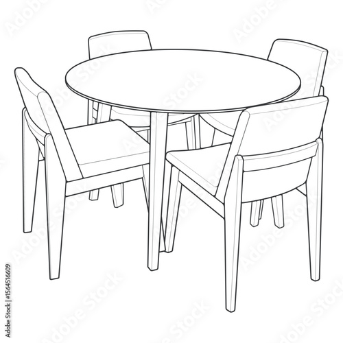 Vector illustration of a hand-drawn dining table with four chairs in clean black and white line art style. 