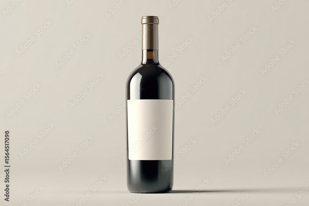 Fototapeta premium Single dark-glass wine bottle with a blank white label against a neutral background. High quality