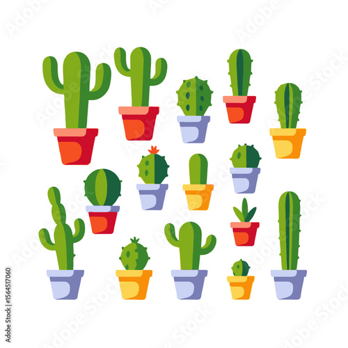 Collection of Potted Cacti Illustration-Cute Desert Plants in Colorful Pots-Botanical Graphic Design-Perfect for Stickers Scrapbooking and Home Decor Projects