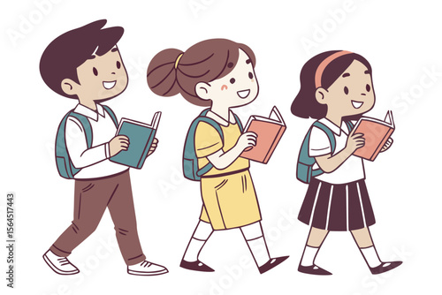 Three happy cartoon children two girls and one boy walk together holding open books and wearing backpacks and school uniforms
