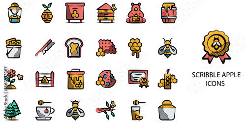 Scribble Apple simple concept 24 hand drawn color icons set .Vector illustration.	