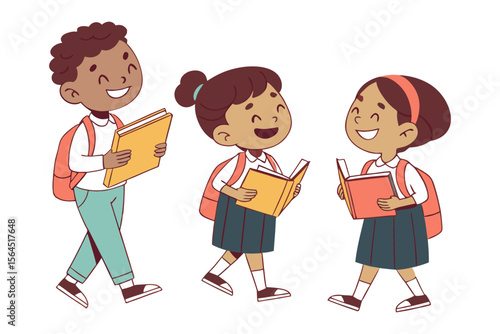 Three diverse cartoon children happily walking together holding books and wearing backpacks ready for school or learning