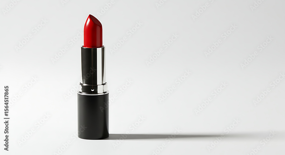 A single tube of classic, vibrant red lipstick stands tall and elegant against a clean, bright white background. A single tube of classic, vibrant red lipstick stands tall and elegant against a clean, bright white background.