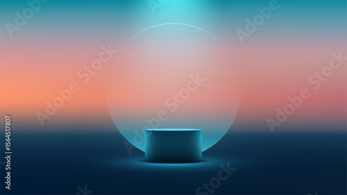 futuristic product display with glowing blue pedestal and peach to blue gradient background for modern showroom mockup or digital showcase design