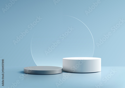 modern 3D scene shows white cylindrical podium and grey base on a blue surface, perfect for showcasing products in minimalist mockups, branding visuals, or showroom presentations