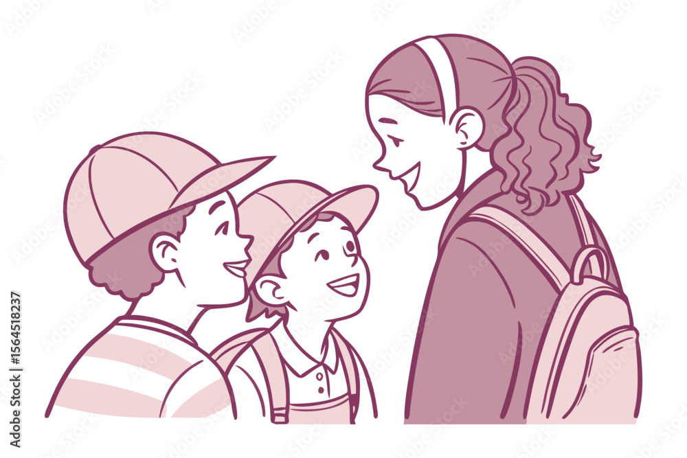 Joyful interaction between a young girl with a ponytail and two young boys wearing baseball caps and backpacks Joyful interaction between a young girl with a ponytail and two young boys wearing baseball caps and backpacks