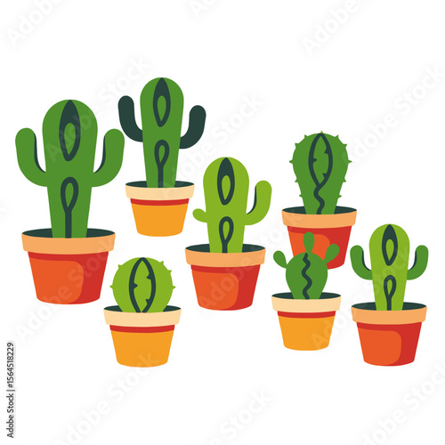 Cute Cartoon Cacti in Pots- Variety of Green Succulents- Desert Plant Illustration- Potted Cacti for Home Decor- Trendy Plant Art- Indoor Gardening Ideas