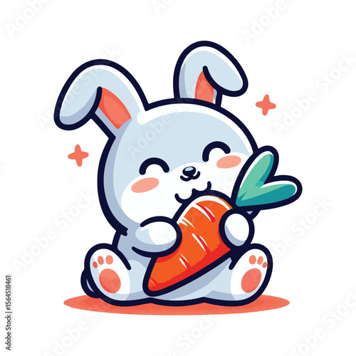 Cute cartoon bunny rabbit happily eating a delicious orange carrot
