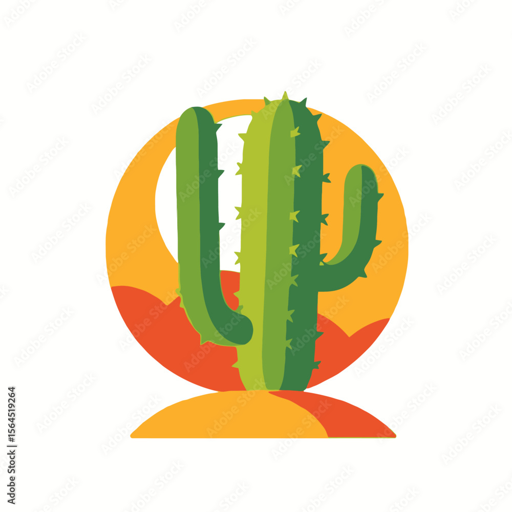 Obraz premium Stylized Desert Cactus Illustration-Vibrant Green Cactus against an Orange Sunset-Southwestern Desert Landscape Image-Modern Cactus Design for Graphic Projects