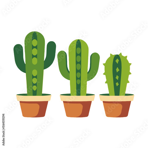 Three Potted Cacti Illustration-Cartoon Cacti in Terracotta Pots-Cute Succulent Plants for Home Decor or Graphic Design-Desert Plant Clipart for Nature Lovers