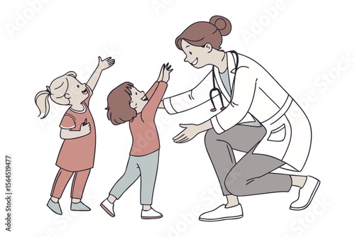 Friendly doctor wearing a white coat and stethoscope warmly greets two excited children reaching out with open arms