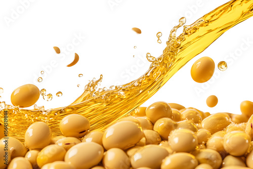 Golden soybean oil pouring over a pile of soybeans against a dark background