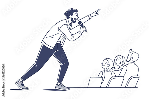 Energetic speaker with microphone points forward to engaged audience watching laptop presentations