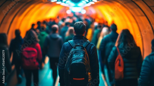 A captivating scene in a bustling tunnel filled with people. The vibrant lighting creates an energetic atmosphere. A moment of movement and life captured in urban spaces. Generative AI