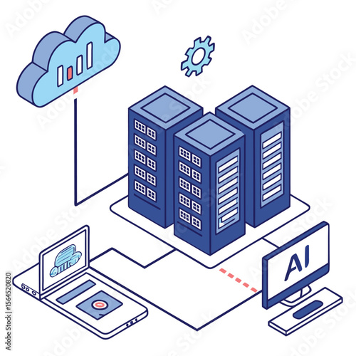 Isometric Illustration of Cloud Computing Network with AI Integration