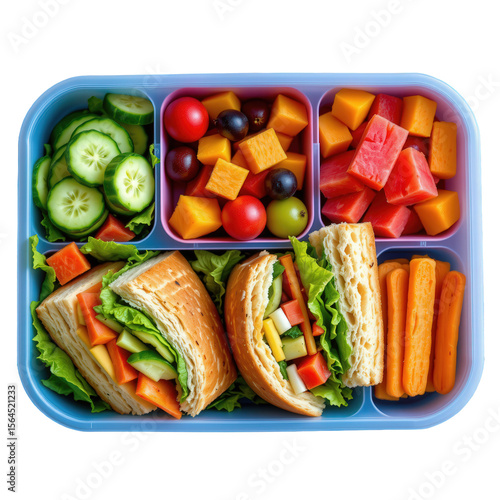 Colorful Lunchbox with Fresh Vegetables, Fruits, and Sandwiches for Healthy Eating and Meal Preparation