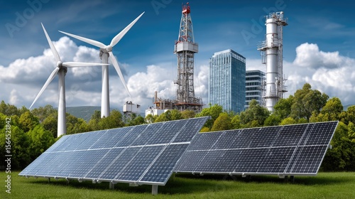 Sustainable Energy Sources: A panoramic view showcasing a harmonious blend of renewable and non-renewable energy sources, including wind turbines, solar panels, oil derricks, and industrial plants.