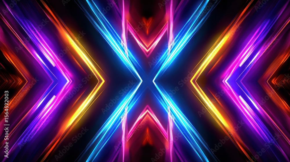 Symmetrical abstract with crossing, brightly-colored neon light streaks Symmetrical abstract with crossing, brightly-colored neon light streaks