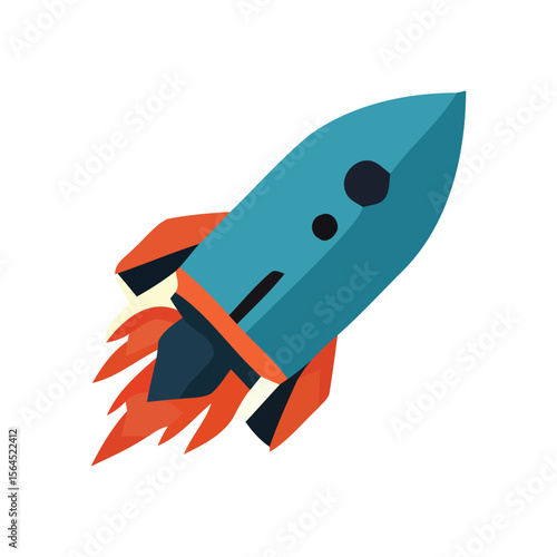 A stylized teal rocket ship blasts off, leaving a fiery trail.