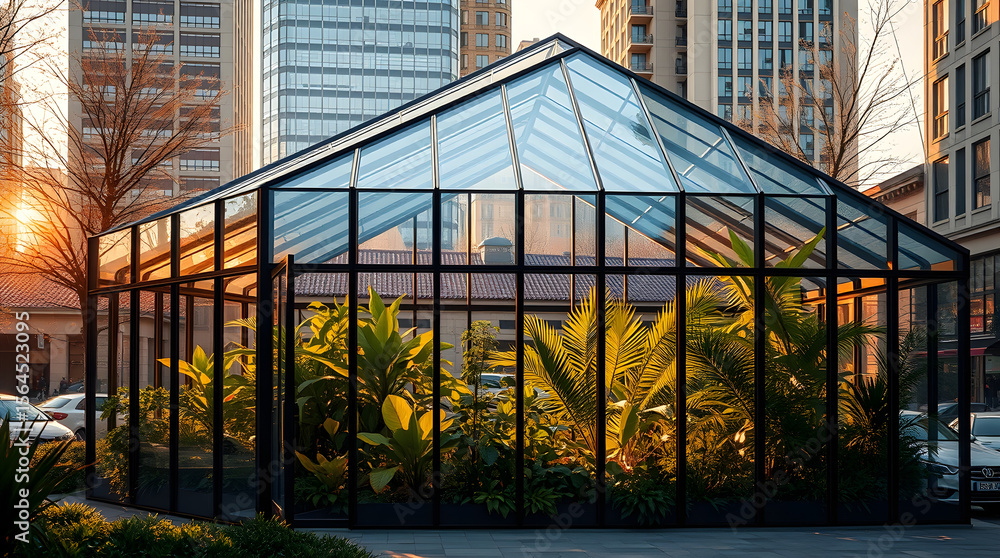Obraz premium A modern glass greenhouse filled with lush plants, showcasing urban gardening in a city setting.