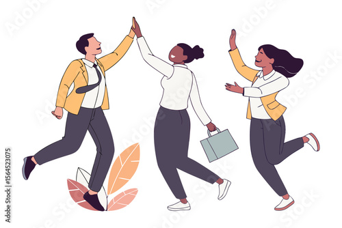 Diverse group of business professionals celebrating success with high fives and joyful expressions embodying teamwork and achievement