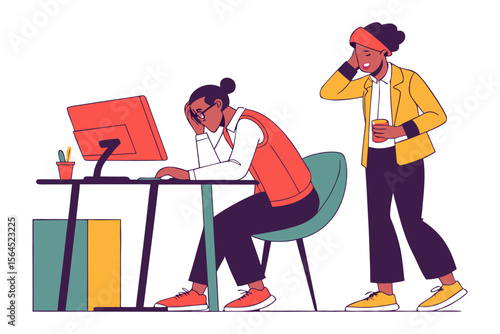 Two colleagues experiencing workplace stress and fatigue one overwhelmed at their desk while the other looks concerned and holds a drink