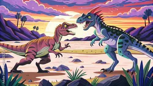 Two Pachycephalosaurus dinosaurs engage in a dramatic headbutting battle in an open grassy field, surrounded by rocky hills and a prehistoric landscape under daylight