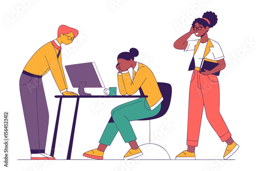 Diverse team members experience workplace challenges with one person looking stressed at a computer and another on a phone call