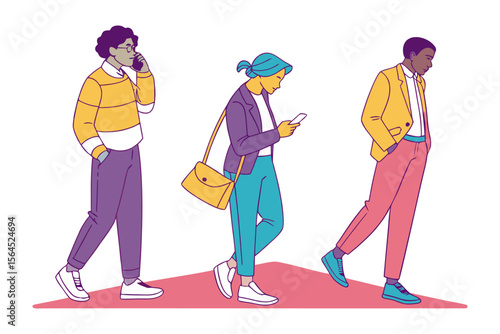Diverse individuals in stylish attire walk forward engrossed in their phones and conversations symbolizing modern urban life and connectivity