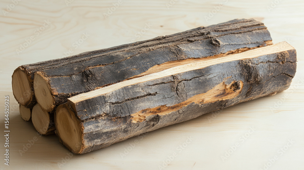 Fototapeta premium Logs of wood placed on a light wooden surface.