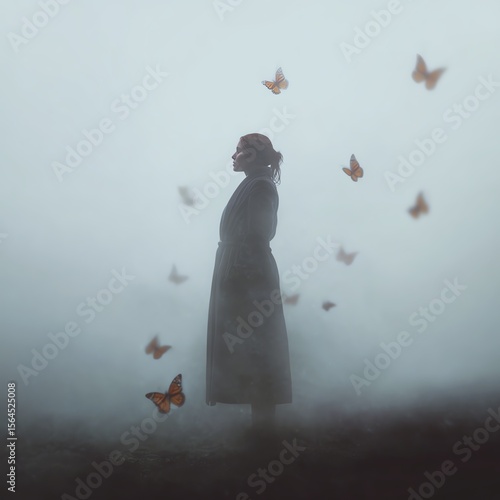 A silhouette of a woman in a long coat stands in a foggy landscape, surrounded by softly flying monarch butterflies.
