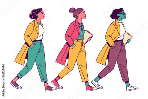 Three diverse women in stylish outfits walking confidently forward showcasing modern fashion and individuality with colorful clothing choices